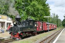 06.08.2016, Die Cottbuser Parkeisenbahn fuhr heute mit ihrer Dampflok 99 0001, der 1918 von Linke-Hofmann in Breslau für die Heeresfeldbahnen gebauten Brigadelok HF2257. Diese Lok zog 1954 den Eröffnungszug der damaligen Pioniereisenbahn.