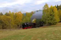 Scheinanfahrt von 99 234 mit IG HSB-Sonderzug am Abend des 20.10.2018 zwischen Mägdesprung und Sternhaus-Ramberg. (Bild 2)