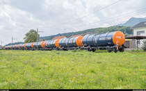 ASm am 2. August 2019. Em 3/3 326 mit der zweiten Hälfte des leeren Kesselwagenzugs vor der Einfahrt Niederbipp.