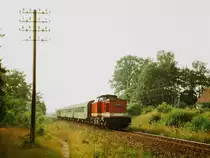 21.August 1985, An der Strecke Wismar - Rostock bei Neubukow fotografierte ich diesen Personenzug. Lokgeschichte: 1974   Auslieferung an DR als 110 746. 1986 Umbau in 112 746 im Bw Cottbus. 2001 Ausmusterung. Vermietung an zahllose EVU's. 2007 an PRESS als 202 746.