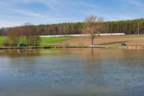 Eine Doppeleinheit der Baureihe 402 als ICE 587 aus Hamburg-Altona nach München Hbf bei Neustadt a. Aisch, 30.03.2019