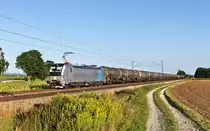 Die 193 993-3 fährt in Langenisarhofen mit einem Kesselzug nach Nord vorüber.Bild 11.8.2019