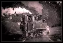 Bei Hagel und strömenden Regen, fährt die CFF Dampflok 764 411R Reghin mit dem Stainzer Flascherlzug von Stainz nach Preding. 
Neudorf 27.07.2019