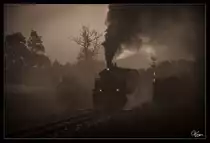 Eine mythische Stimmung gab es bei der Ausfahrt in Preding, schemenhaft zu sehen, die CFF Dampflok 764 411R  mit dem Stainzer Flascherlzug von Stainz nach Preding. 
27.07.2019