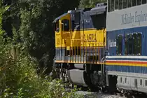 Am 16.08.2019 fahren wir mir der Alaska Railway vom Denali Nationalpark nach Anchorage. Hier fährt der Zur durch eine langgezogene Kurve.