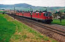 PROTOTYP Re 6/6 11602  MORGES  zusammen mit einer Re 20/20 unterwegs bei Frick am 18. April 2006.
Noch ist die weitere Zukunft der Prototypen recht ungewiss ?
Foto: Walter Ruetsch