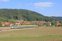 Am 15.09.2018 fährt ein unbekannter Talent 2 als RB Backnag - Schwäbisch Hall-Hessental durch die Fotokurve bei Schleißweiler. 
