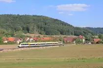 Am 15.09.2018 fährt ein unbekannter Talent 2 als RB Backnag - Schwäbisch Hall-Hessental durch die Fotokurve bei Schleißweiler. 