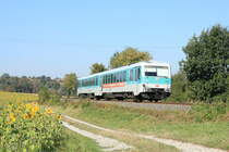 Am 28.09.2018 passiert 628 436  Anna  als RE Heilbronn-Crailsheim zwischen Schwäbisch Hall und Schwäbisch Hall-Hessental ein Sonnenblumenfeld. 