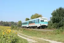 Am 28.09.2018 passiert 628 436  Anna  als RE Heilbronn-Crailsheim zwischen Schwäbisch Hall und Schwäbisch Hall-Hessental ein Sonnenblumenfeld. 