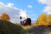 Stieger Wendeschleifenfahrt von 99 234 mit IG HSB-Sonder-PmG am 21.10.2018. (Bild 1) Auf der Suche nach einem neuen Fotostandort (die Stieger Wendeschleife ist mittlerweile so zugewachsen, daß der Zug während der gesamten Fahrt durch dieselbe kaum zu sehen ist!), verschlug es den Fotografen in den Graben eines kleinen Baches neben den Gleisen. Allein die verdrehte Stellung die dieser, eingekeilt von den Grabenwänden, für die Fotos einnahm, wäre eine eigene Aufnahme wert gewesen und hat ihm im Nachhinein noch einige Gelenkschmerzen eingebracht! ;-)