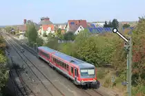 Am 28.09.2018 verlässt 628 256 als RB Würzburg-Crailsheim den Bahnhof Blaufelden. 