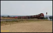 Die WLE Diesellok 56, eine moderne private Gravita von Vossloh, quält sich hier am 26.8.2019 auf dem südlichen Teil den westfälischen Semmering zwischen Warstein und Erwitte hinauf. Die Lok hat dreizehn mit Kalkstein beladene Wagen für ein Zementwerk in Ennigerloh am Haken.