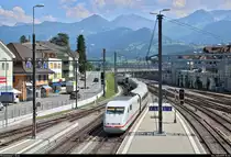 401 585-5 (Tz 185  Freilassing ) als ICE 376 (Linie 20) von Interlaken Ost (CH) nach Frankfurt(Main)Hbf (D) erreicht den Bahnhof Spiez (CH) auf Gleis 2.
Aufgenommen von einem Treppenzugang zur Fußgängerbrücke.
[24.7.2019 | 15:22 Uhr]
