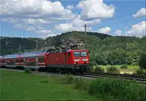 143 932 am 17.06.2019 mit der S1 auf dem Weg nach Bad Schandau. Aufgenommen in Strand bei Kurort Rathen.