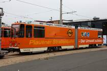 Der ATw 0202 (ČKD, Bauj. 1976, im Einsatz bis 1995, danach Umbau zum Schienenpflegewagen) war ebenfalls im Freigelände des Bh der PSB ausgestellt. 07.09.2019