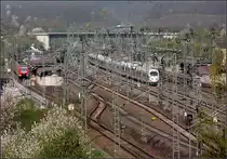  Den Stier muss man an den Hörnern packen  -

So hat Olli dieses Bild in der ersten Version kommentiert. Gemeint waren dieser Wald aus Masten, wo man der Zug schon hinter einem Schleier aus grünem Stahl verschwindet. Durch seine helle Farbe behaupt sich der ICE 3 aber dennoch ganz gut und seine Front hat in einer etwas größeren Mastlücke seinen Platz gefunden. Ich hoffe dass dieses Mal auch die Schärfe der Züge besser passt, was Klaus Bach alias Johannes bei der zweiten gezeigten Version kritisierte.

Clemens Bilder vom Bahnhof Vaihingen Enz mit den Mastproblemen haben mich zum nochmaligen zeigen dieser Aufnahme angeregt.