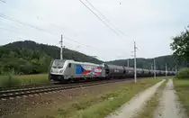 Die 187 344  CD Cargo Niederlassung Wien  von Railpool ist am 30.08.2019 mit einem Güterzug Richtung Wels bei Wernstein am Inn unterwegs.