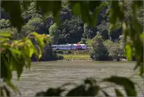 Bahn am Mittelrhein. Ein Süwex-Flirt 3 nahe der Burg Rheinstein. Trechtlinghausen, Juni 2019.