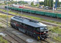 Die schwarze Ludmilla 232 083-6 vom Erfurter Bahn Service wartet vor dem BW Gera auf ihen nächsten Einsatz am 24.9.2019