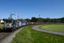 30 Jahre Fall der Berliner Mauer, ein lebendes Beispiel für ein geeintes  Europa bildet der WeKo (Werndorf-Kohle), welcher tschechische Kohle in die Steiermark bringt, und dabei von einer deutschen und tschechischen Lok traktioniert ist, und auf der Trasse eines österreischischen EVU's fährt. WeKo LTE 47093 mit 193 876 alias  Mauerfallvectron  und CDC 383 010 am 21. September 2019 in der AB Verbund Mellach.