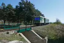 Triebwagen ADe 98 kurz nach dem Start in Mandas auf der Fahrt nach San Gottardo (Ortsteil von Cagliari), dem Ende der Schmalspurstrecke in den Süden Sardiniens (01.10.2019).