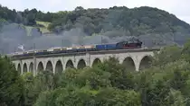 Die niederländische Dampflokomotive 011 075-9 zieht Anfang Juli 2019 einen Sonderzug über das Altenbekener Viadukt.