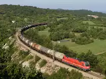 Die SZ 541 009 beförderte gemeinsam mit Nachschiebelok 541 003 einen voll beladenen Kesselzug aus Koper zurück ins Hinterland, das Bild entstand am 11. September 2019 in Črnotiče.
