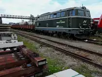 2043.53(Reblaus-Express)von AUSTROVAPOR mit Flachwagenzug abgestellt und abgesichtert, Bhf. Ried; 190821