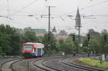 Leihweise war ein RegioShuttle als  VT 65  für die AVG im Einsatz.
Aufgenommen am 8. Juli 2014 in Bretten.