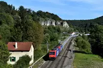 Für diese Besonderheit hatte ich glücklicherweise den richtigen Standort gewählt. Vom östlichen Portal des Esslinger Tunnels konnte ich die an die Widmer Rail Services vermietete SBB Cargo 482 047 und eine Schwestermaschine bei der Beförderung eines Rübenzuges fotografieren. Diese Leistung kam aus Straubing in Niederbayern und fuhr über Ansbach und die Remsbahn nach Frauenfeld in der Schweiz. Durch den erhöhten Standpunkt hatte man auch einen guten Blick auf die verladenen Zuckerrüben aus biologischem Anbau. Früher wurden zur Herbstzeit diese Agrarprodukte an praktisch jedem Landbahnhof verladen und sicherten sogar mancher Nebenbahn das Leben. Schon vor der Bahnreform zog sich die DB aus diesem Geschäft zurück und überließ die anfallende Fracht dem LKW. In jüngerer Zeit gab es allerdings eine kleine Renaissance, einige Rübenzüge fahren in die Schweiz. Allerdings ist der Zeitraum nur auf wenige Tage im Jahr begrenzt und die Züge verkehrten hauptsächlich nachts. Somit ist diese Aufnahme aus dem Altmühltal für mich als Glückstreffer zu werten (19. September 2019).
