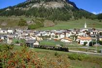RhB - Dampfzug 3723 von St.Moritz nach Scuol am 09.10.1999 Ausfahrt Ardez mit Dampflok G 4/5 108 - B 2245 - B� 2060 - D� 4052II - B 2246 - Hinweis: gescanntes Dia
