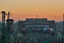 Vor den Hallen in der Abstellung genießen 143 228, 114 034, 181 219, 642 139 und 633 004 das letzte Licht der untergehenden Sonne.

Frankfurt 16.11.2019