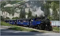 In der Gegenrichtung nimmt die HG 3/4 N° 1 mit ihrem, DFB Dampfzug von Oberwald (ab 10:45) nach Realp (an 12:51) in Gletsch die Steigung Richtung Furka in Angriff.

31. Aug. 2019