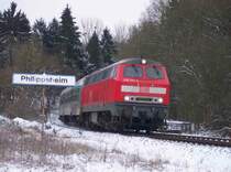 Am 02.01.2004 f�hrt 218 370 mit ihrem RE durch Philippsheim an der Eifelstrecke in Richtung K�ln.