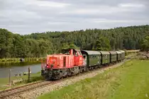 Da beim Mittagszug die 2143.56 aufgrund eines Kühlwasserschadens untauglich wurde, wurde der Abendzug mit der 2070.039 geführt. Entstanden ist die Aufnahme nahe der Haltestelle Hessendorf-Anglerparadies am 17.08.2019.