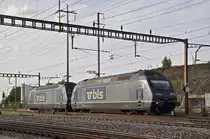 Doppeltraktion, mit den BLS Loks 465 013-1 und 465 005-7 durchfährt den Bahnhof Pratteln. Die Aufnahme stammt vom 24.10.2019.