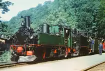 04. September 1983, Anlässlich des Jubiläums  100 Jahre Schmalspurbahn Freital-Hainsberg - Kurort Kipsdorf  fanden vom 28.08. bis 04.09.1983 Fahrten mit historischen Fahrzeugen statt. Hier warten 99 539 als königlich-sächsische 132 und 99 713 mit ihrem Zug in Rabenau auf die Weiterfahrt nach Kipsdorf.
