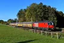 Der 17. Oktober 2019 war im Voralpengebiet ein herrlicher Herbstag. Eine Arbeitspause konnte genutzt werden, um erneut am Bü Vogl der Dinge zu harren, die da so kommen sollten. Es war allerdings weniger geboten als einige Tage zuvor. Der werktägliche DGS 49841 von München Milbertshofen zum Brenner verkehrte an diesem Tage mit geschlossenen ARS-Autotransportwagen. Zuglok war die blitzsaubere 1293.023. Ein Heißluftballon hat sich auch noch ins Bild geschmuggelt. 