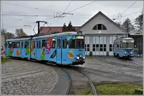 SRS Schöneicher-Rüdersdorfer-Strassenbahn GmbH, Depot Schöneiche an der Strassenbahnlinie 88 vom S-Bahnhof Friedrichshagen nach Rüdersdorf. Duewag GT6 48 aus Heidelberg und Eigenbau/LEW Nr.73 von 1966. (17.11.2019)