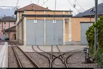 Depot der FLP in Agno am 11. Dezember 2019. Man beachte insbesondere die spezielle symmetrische Dreiwegeweiche in der Depotzufahrt.
