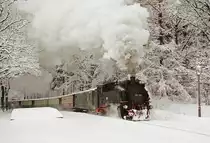 Am 31. Dezember 2002 fährt ein Zug der Zittauer Schmalspurbahn in den Haltepunkt Kurort Jonsdorf Hst. ein.