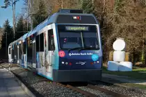 Aare Seeland Mobil/ASm.
Werbetriebwagen Be 4/8 114 auf der Fahrt nach Langenthal bei Bannwil am 5. Januar 2020.
Foto: Walter Ruetsch