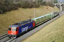  WIE AUS DEM TRUCKLI 
Am 3. Januar 2020 präsentierte sich die nigelnagelneue refit Re 620 074-5  MURGENTHAL  vor einem kurzen Stückgüterzug bei Glattfelden dem Bahnfotografen.
Foto: Walter Ruetsch  