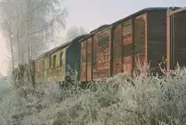 Auf einem schon bei meinen ersten Fotos im Jahre 2000 vom Netz abgetrennten ehemaligen Gütergleis des Bahnhofs Ebensfeld konnte man auch am 26. Februar 2006 diese Wagen betrachten. Schnee und Reif verschönen die nostalgische Szene. Mittlerweile ist das Gelände im Zuge des Streckenneubaus großflächig völlig umgestaltet worden.