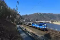 383 004 mit einem Autoleerzug am 25.03.2018 bei Königstein.