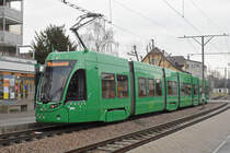 Die BVB feiert im Jahre 2020 das 125 Jährige Jubiläum. Aus diesem Grund fährt der Be 6/8 Flexity 5006 geschmückt mit keinen Bildern von Personen unter dem Motto  Gross und Glay syt 125 Johr verbunde  auf dem ganzen Netz. Hier wartet der Wagen an der Endstation in Pratteln. Die Aufnahme stammt vom 17.01.2020.