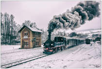Dampflok 99 1590 IVk der Preßnitztalbahn bei der Ausfahrt aus Steinbach.
02_02_2019