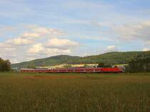 Eine 146er zeiht am 11.07.07 einen RegionalExpress von Aalen nach Stuttgart HBF, hier in Aalen-Essingen aufgenommen.