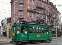 Basler Verkehrsbetriebe/BVB.
100 JAHRE Be 2/2 156.
Am Montag, 27.01.2020, feierte der  Motorwagen „Zum Sod“ seinen 100. Geburtstag. Aus diesem Anlass verkehrte er an seinem Ehrentag zwischen 12 und 18 Uhr als Oldtimerlinie 26 zwischen MParc und Badischer Bahnhof.
Foto: Walter Ruetsch
